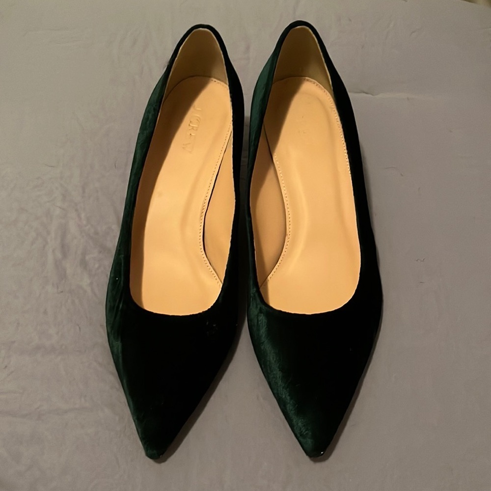 J Crew Green Velvet Point Toe Block Heel